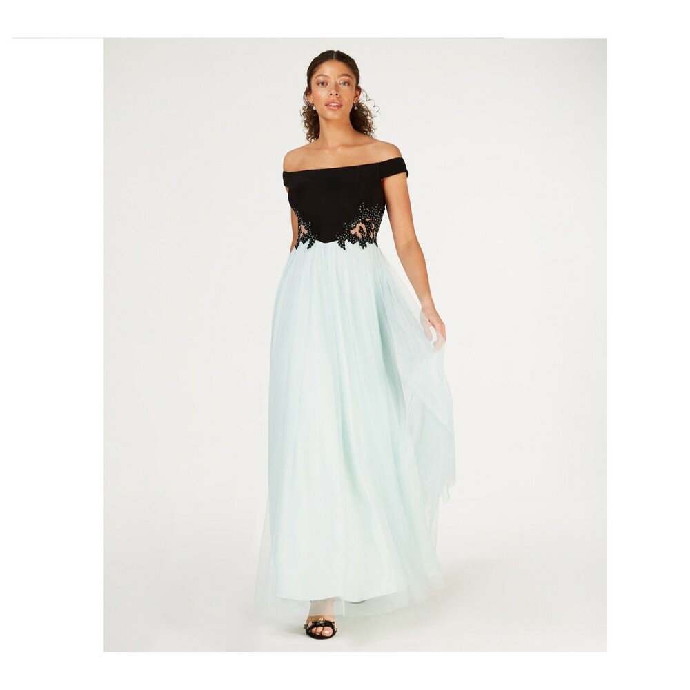 Blondie Nites Junior Womens 5 Black Mint Off The Shoulder Appliqué Gown NWT BY31